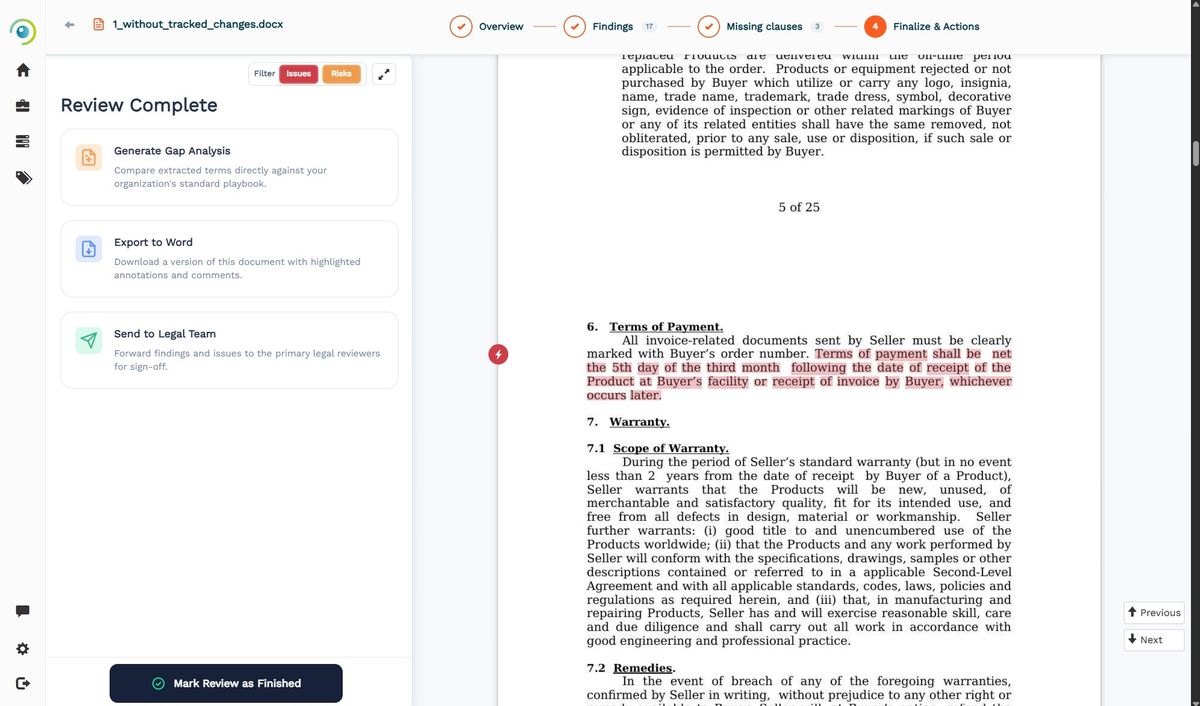 Legly AI contract review interface
